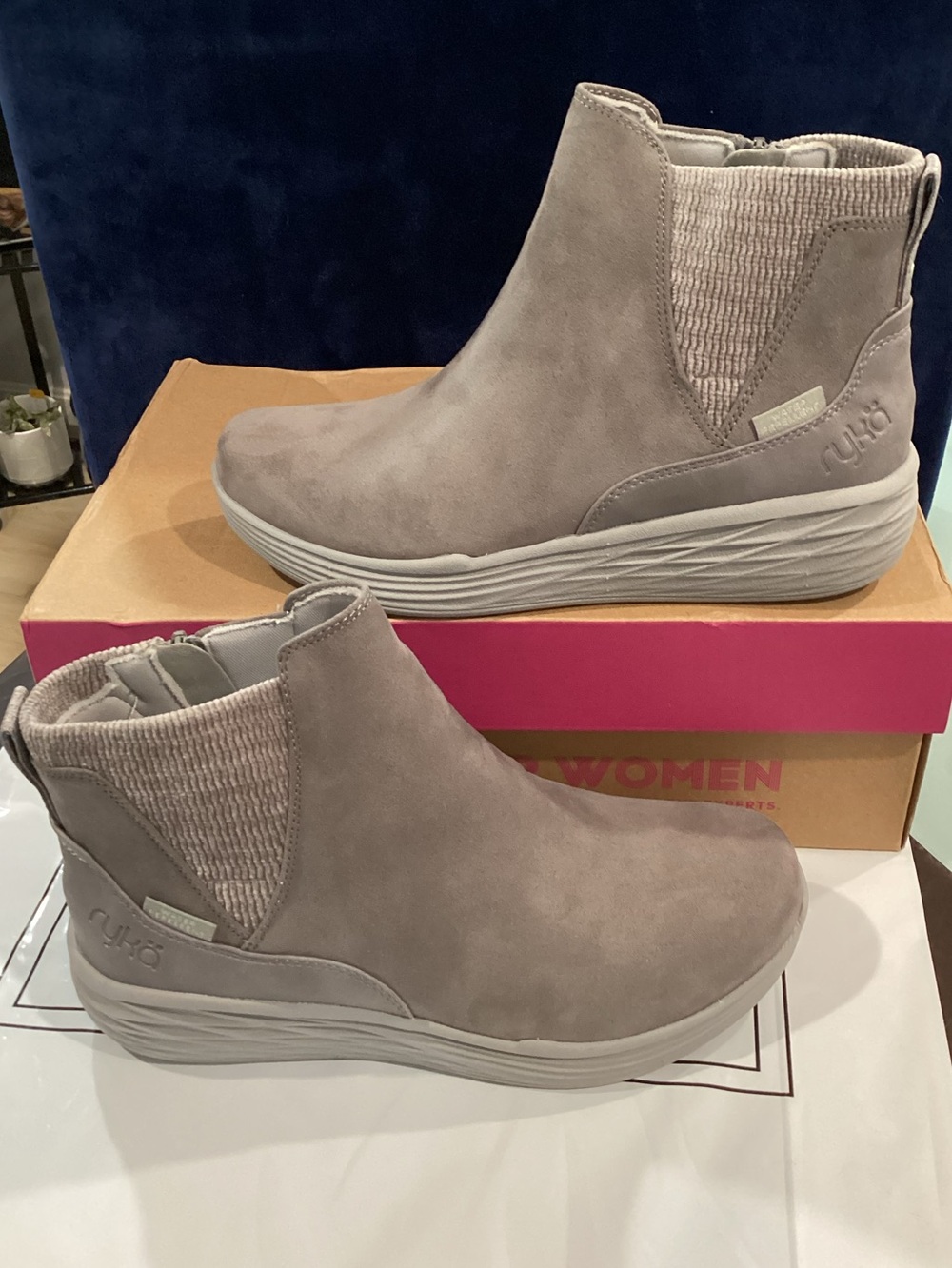 Ryka Noelle sky Gray Suede Ankle Booties size 7.5 wide light weight